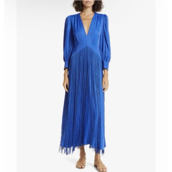 FARM Rio Blue Fringe Long Sleeve Maxi Dress Size XL Cocktail Party Semi Formal - Picture 2 of 16